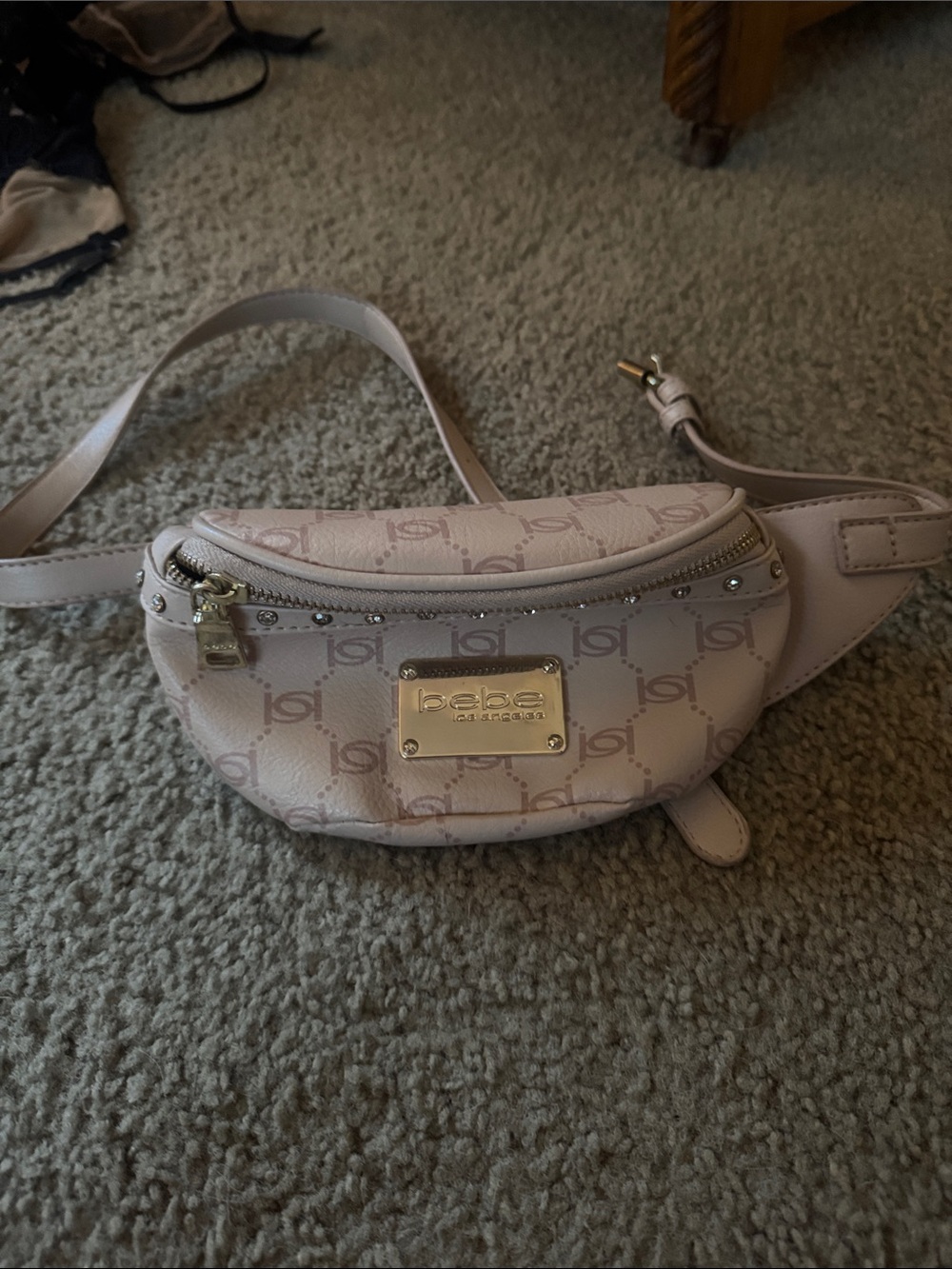 bebe Pale Pink Monogram Waist Bag with Gold Plate